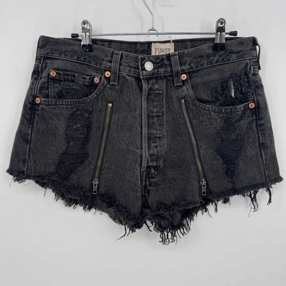 FURST OF A KIND Black Denim Distressed Zipper Shorts Women's‎ Cutoff Raw Hem